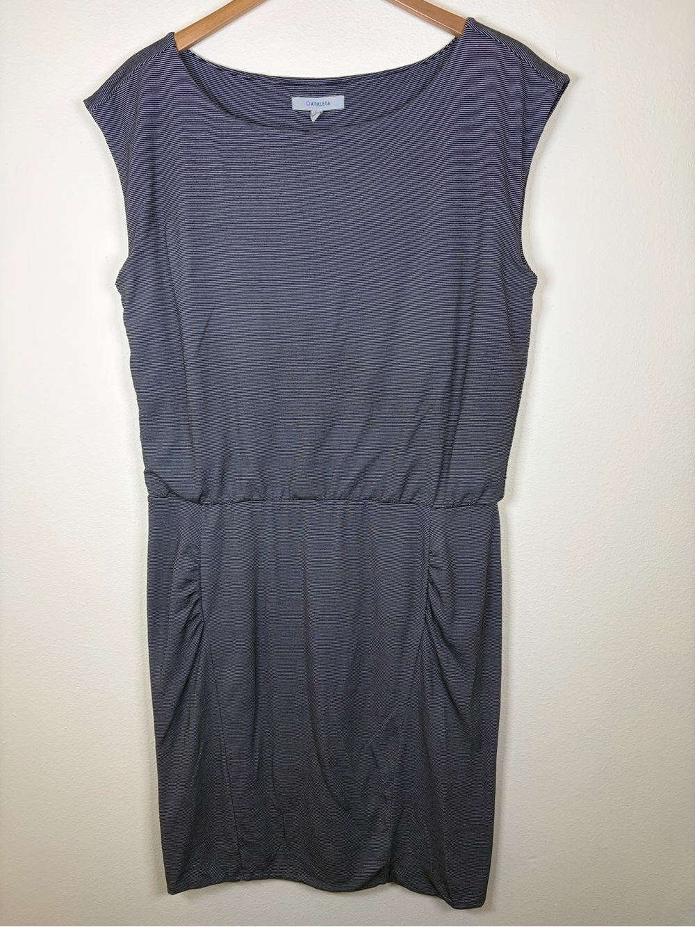 Athleta Micro Stripe Westwood Dress Size L Black Gray Ruched Midi
